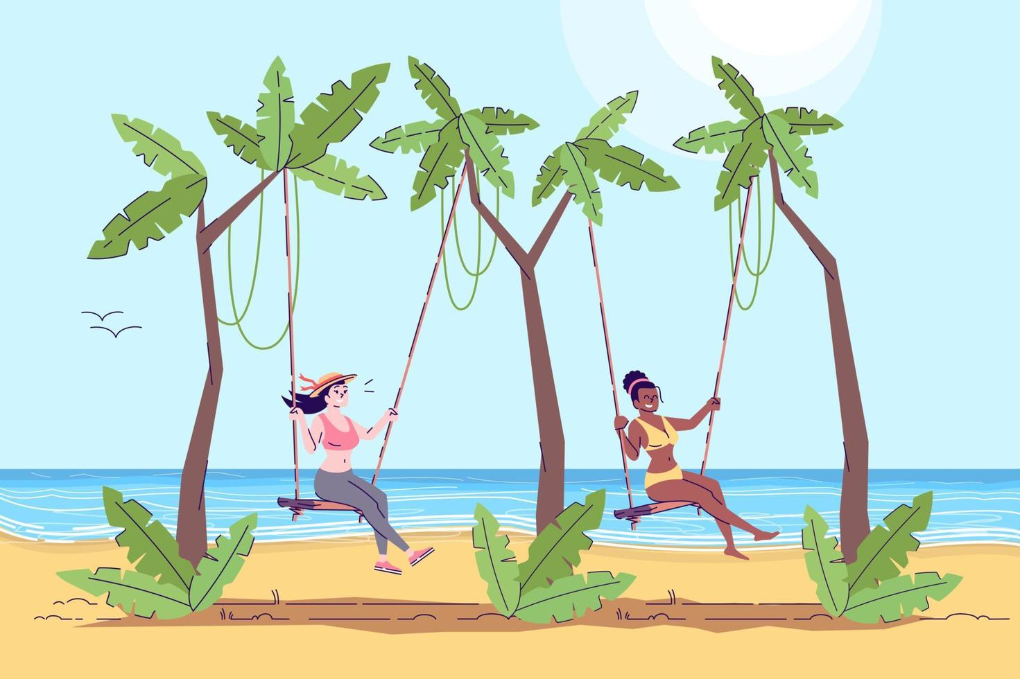 Two women on swings flat doodle illustration. Beach activity. Girls having fun on sea shore. Exotic country. Seaside. Indonesia tourism 2D cartoon character with outline for commercial use vector