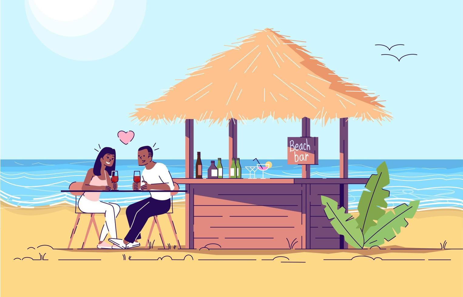 pareja en la ilustración de doodle plano de bar de playa. hombre y mujer en la playa. cena romántica por mar. vacaciones en un país exótico. Indonesia turismo personaje de dibujos animados 2d con contorno para uso comercial vector