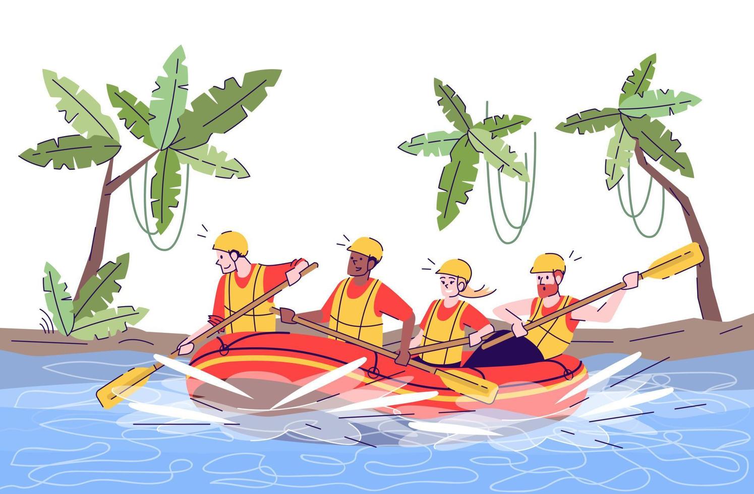 Jungle river rafting flat doodle illustration. People in raft. Water activity. Extreme sports. Active pastime in exotic country. Indonesia tourism 2D cartoon character with outline for commercial use vector