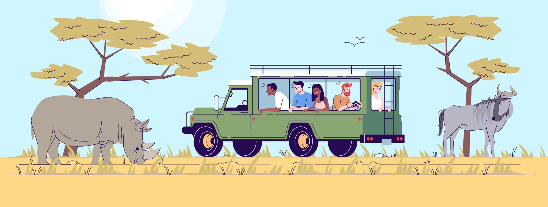 Safari tour flat doodle illustration. People observing wild animals from van in desert. Wildlife conservation park. Indonesia tourism 2D cartoon character with outline for commercial use vector