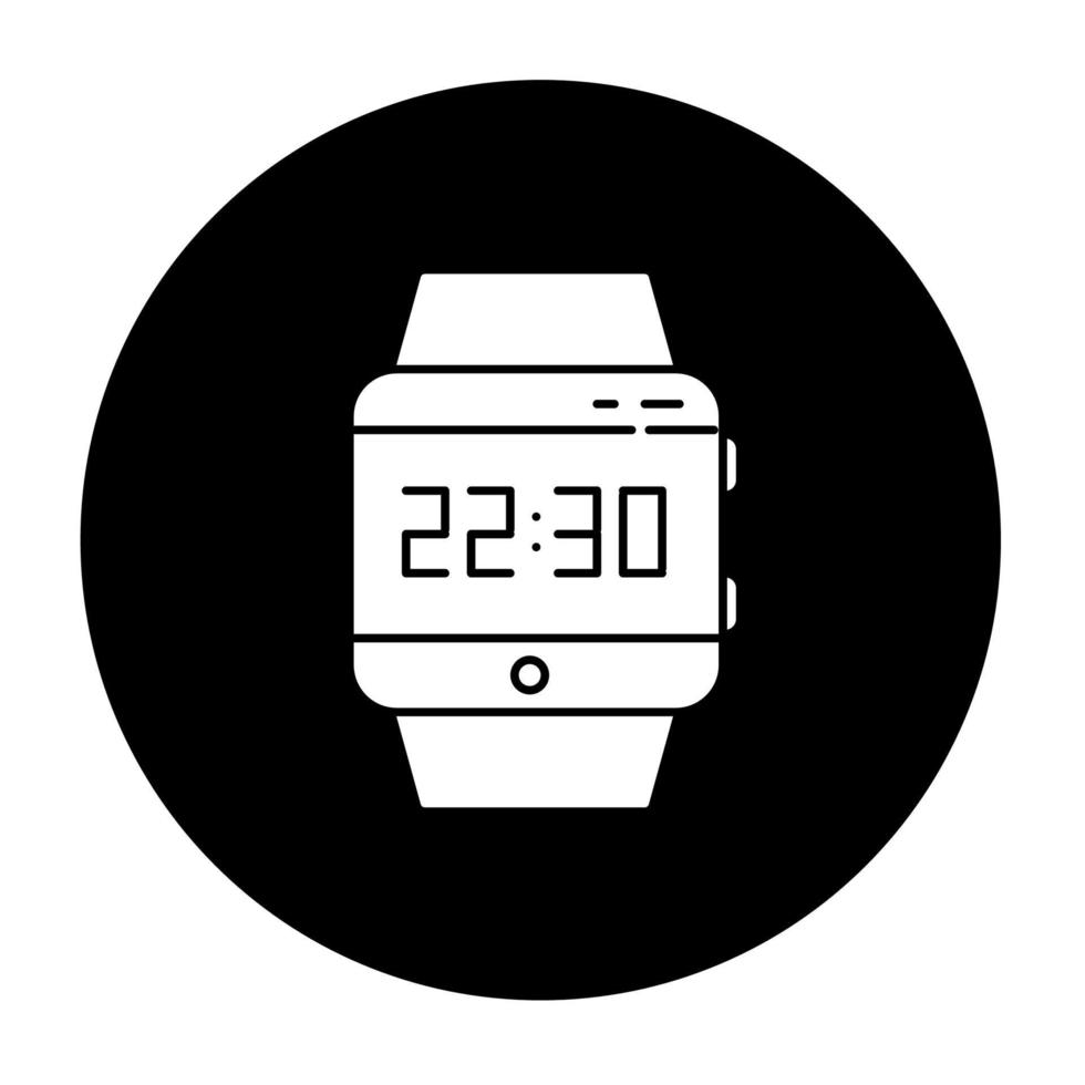 Wrist smartwatch glyph icon. Smart watch with touchscreen display. Wristwatch. Digital clock. Wearable gadget. Fitness tracker. Mobile device. Vector white silhouette illustration in black circle