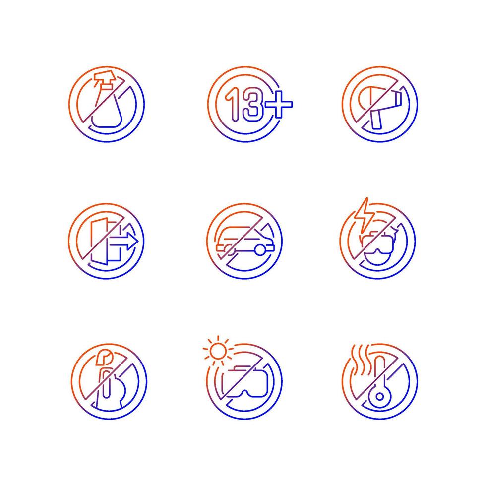Virtual reality rules gradient linear vector manual label icons set. Thin line contour symbols bundle. Isolated outline illustrations collection on black and white for product use instructions