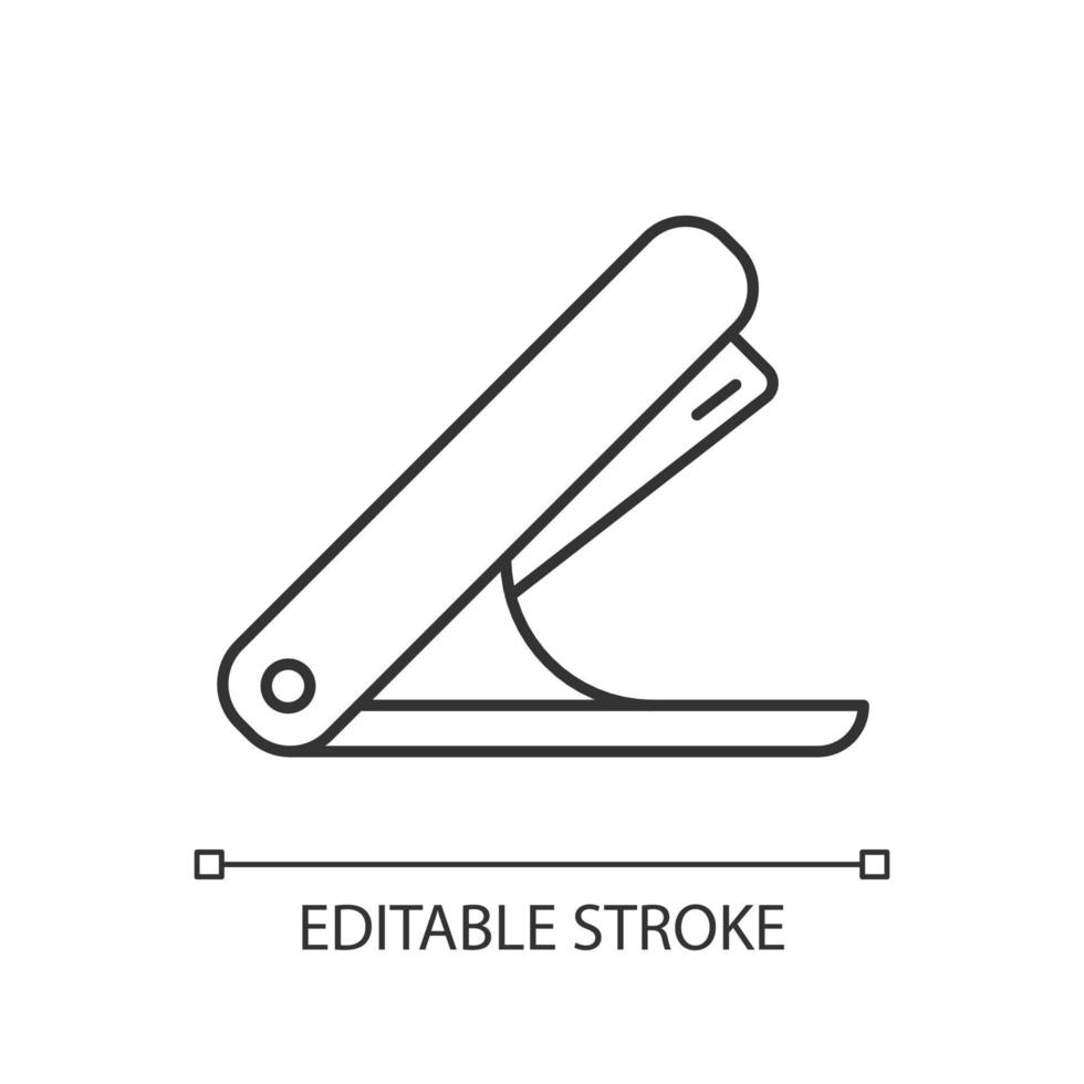 Stapler linear icon. Mechanical tool for joining document pages together. School accessory. Thin line customizable illustration. Contour symbol. Vector isolated outline drawing. Editable stroke