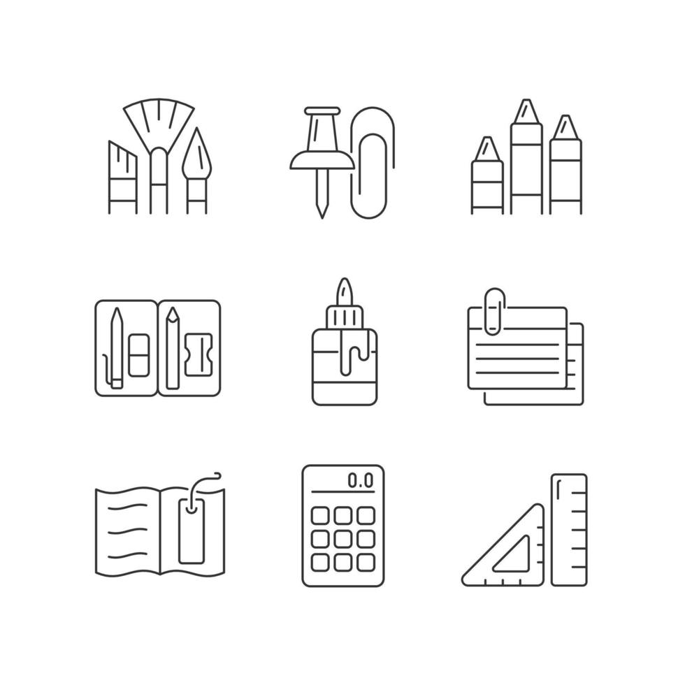 School essential equipment linear icons set. Paint brushes. Office supplies. Pencil pouch. Glue bottle. Customizable thin line contour symbols. Isolated vector outline illustrations. Editable stroke