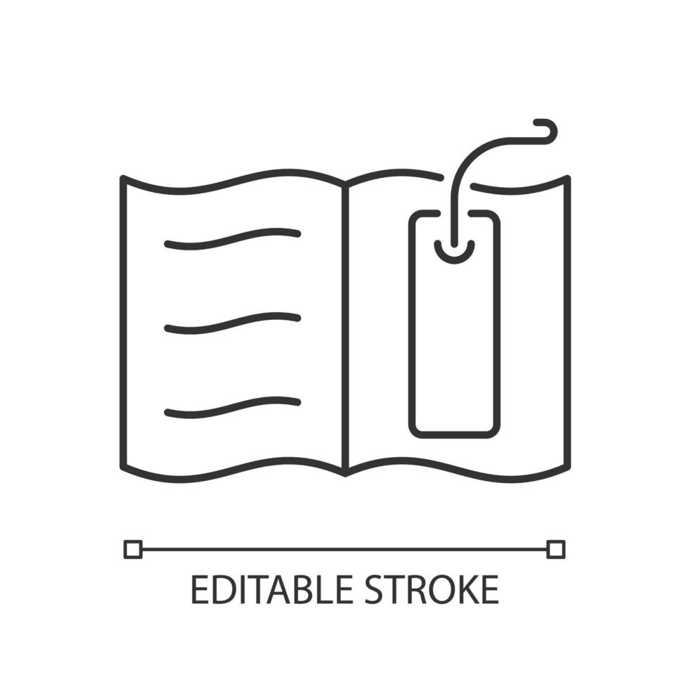 Bookmark linear icon. Thin tool for marking read page. Tracking reader progress in book. Thin line customizable illustration. Contour symbol. Vector isolated outline drawing. Editable stroke