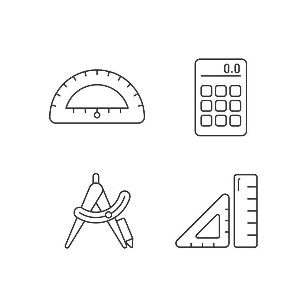 Architecture student tools linear icons set. Drafting supplies. Calculator. Compass tool. Geometry class. Customizable thin line contour symbols. Isolated vector outline illustrations. Editable stroke