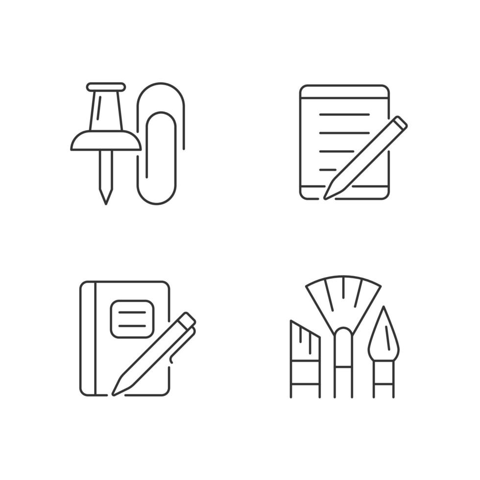 School stationery linear icons set. Pins and paper clips. Tablet computer. Graph composition book. Customizable thin line contour symbols. Isolated vector outline illustrations. Editable stroke