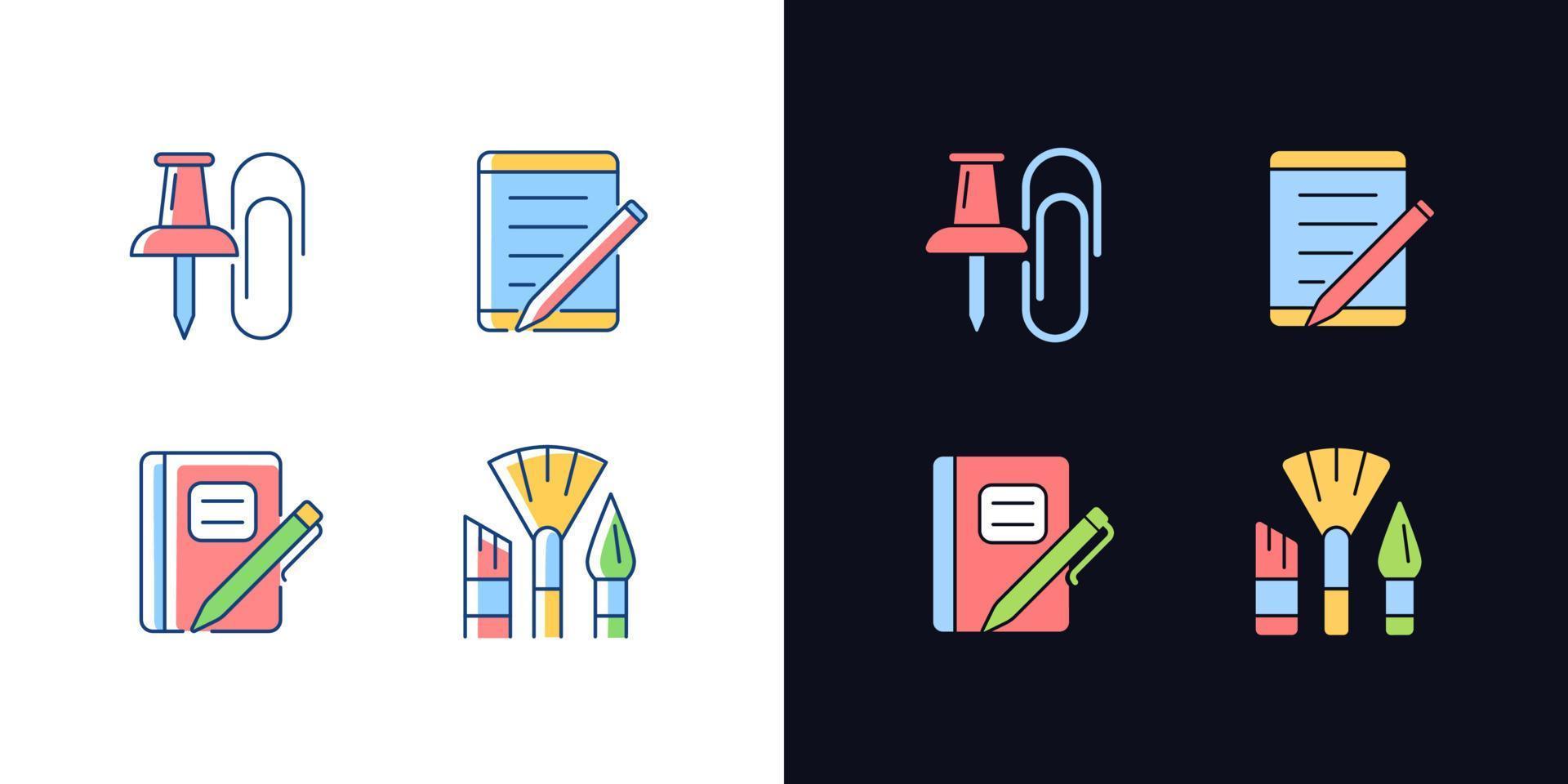 School stationery light and dark theme RGB color icons set. Pins and paper clips. Graph composition book. Isolated vector illustrations on white and black space. Simple filled line drawings pack