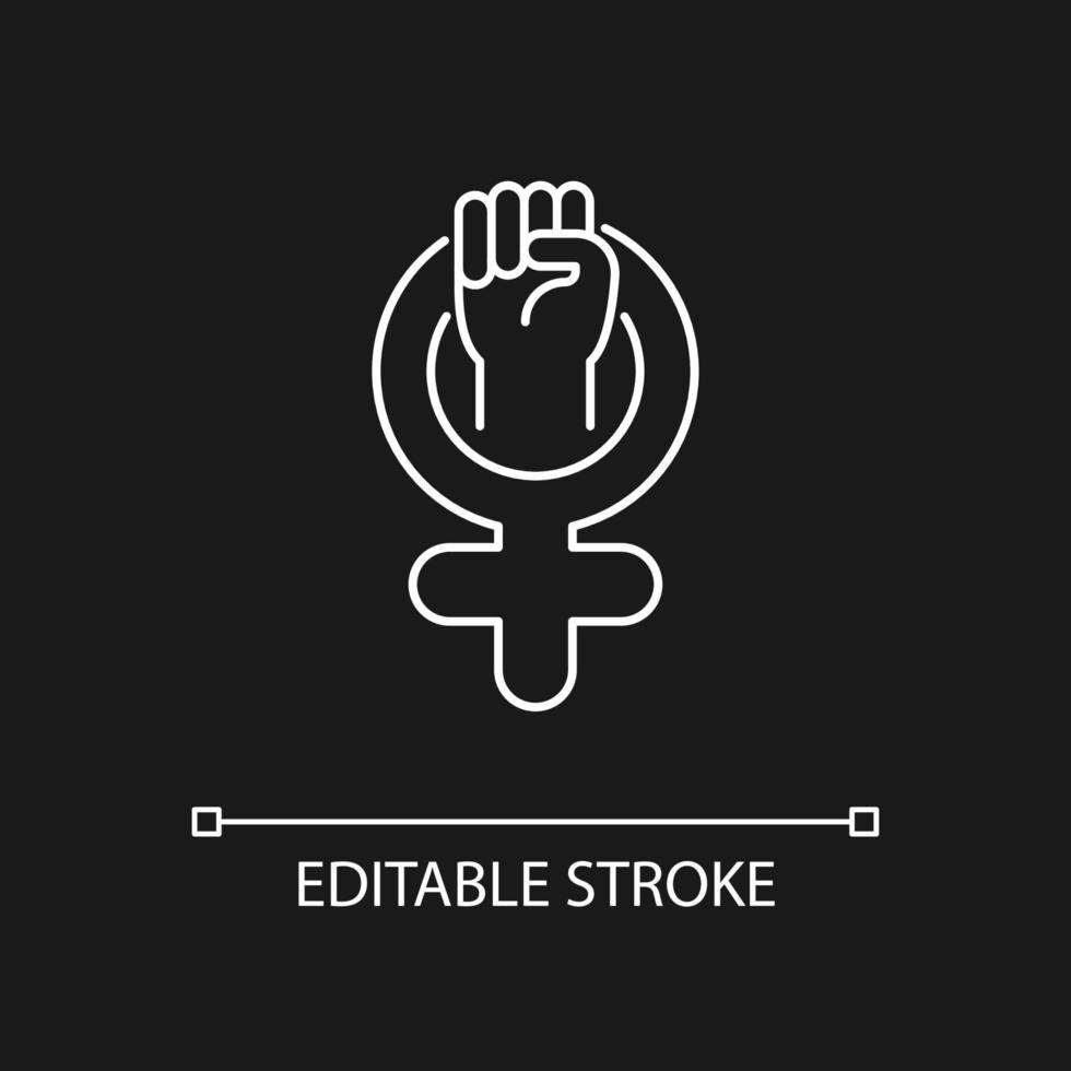 Female symbol white linear icon for dark theme. Pride in sisterhood. Clenched fist in venus sign. Thin line customizable illustration. Isolated vector contour symbol for night mode. Editable stroke