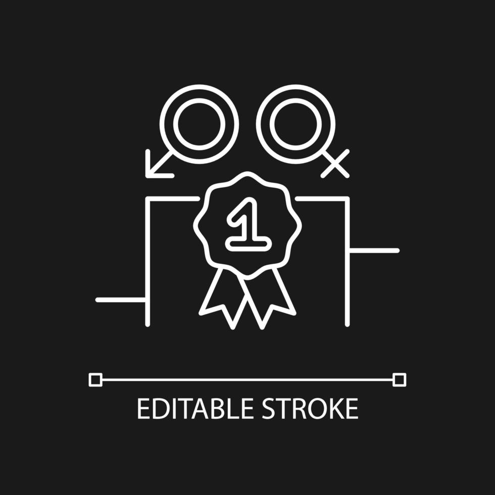 Gender equality white linear icon for dark theme. Enjoy equal rewards. Gender parity. Thin line customizable illustration. Isolated vector contour symbol for night mode. Editable stroke