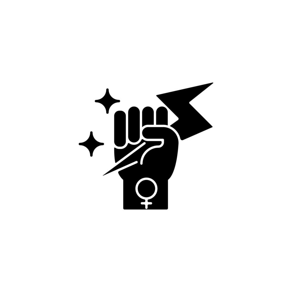 Woman power black glyph icon. Female energy. Enhance inner strength. Leadership in movement. Equal participation. Female authority. Silhouette symbol on white space. Vector isolated illustration