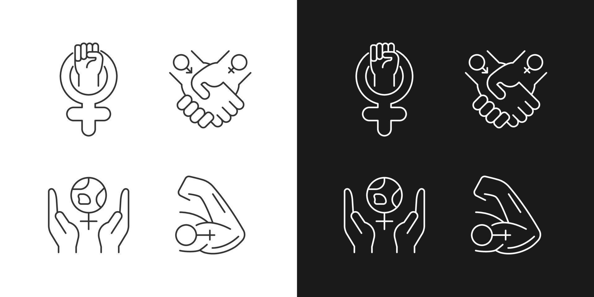 Girl power linear icons set for dark and light mode. Leadership in movement. Equitable relationships. Customizable thin line symbols. Isolated vector outline illustrations. Editable stroke