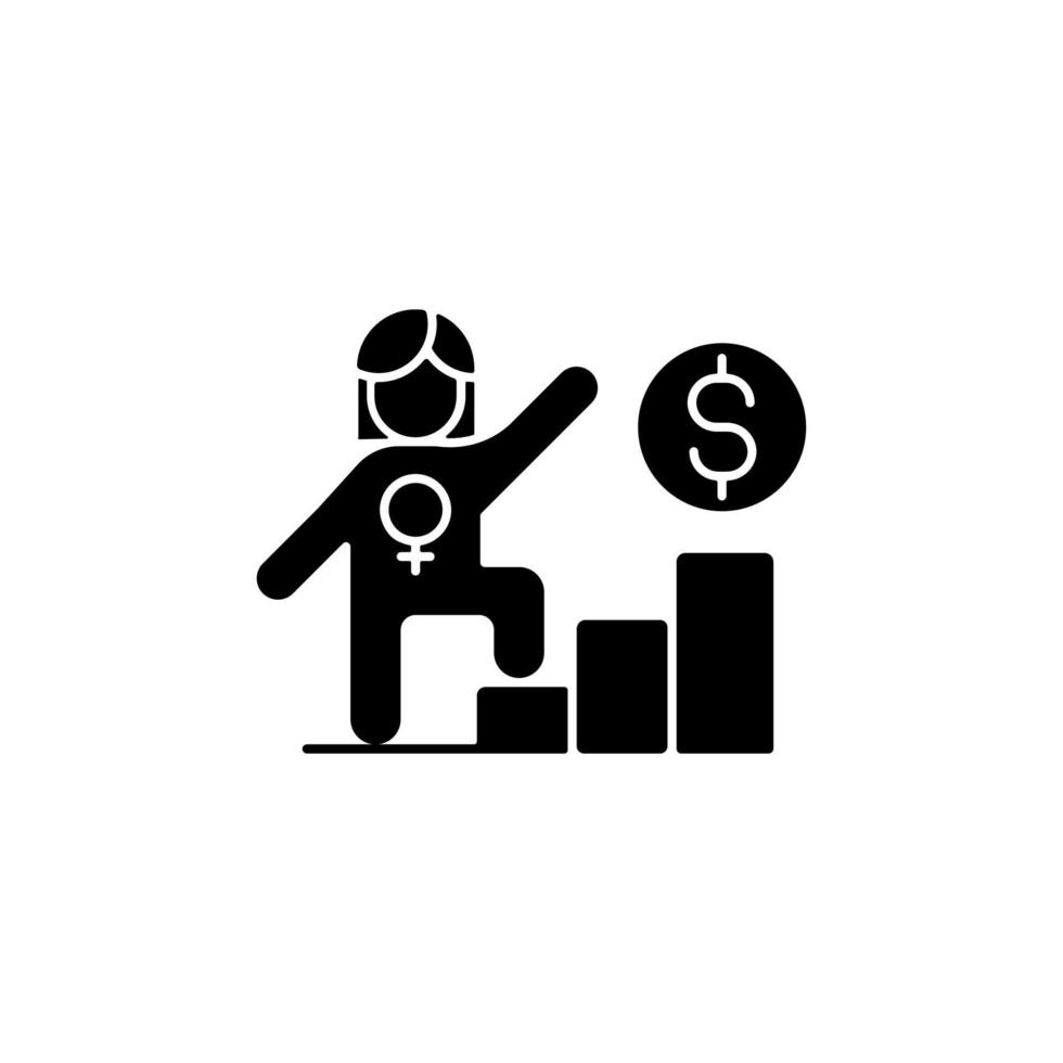 Career ladder for women black glyph icon. Successful woman in workplace. Gender equality in salary. Getting promotion at work. Silhouette symbol on white space. Vector isolated illustration