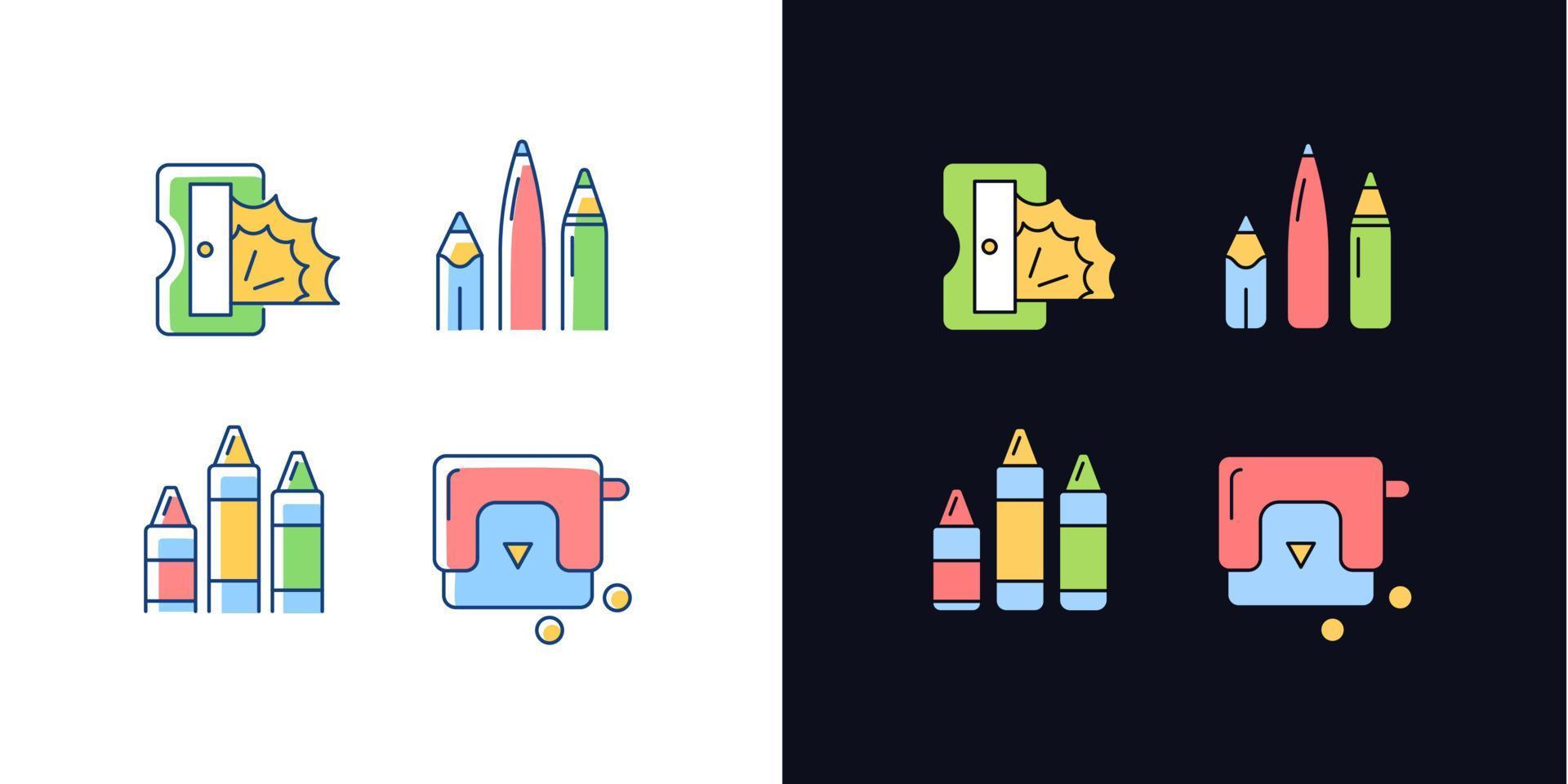 Painter essentials light and dark theme RGB color icons set. Pens and pencils. Prism sharpener. Crayons. Isolated vector illustrations on white and black space. Simple filled line drawings pack