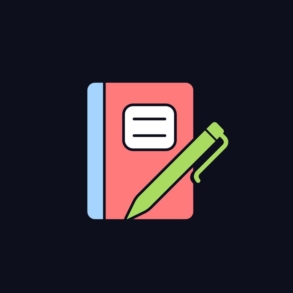 Graph composition notebook with pen RGB color icon for dark theme. Use for school notes. Pocket journal. Isolated vector illustration on night mode background. Simple filled line drawing on black