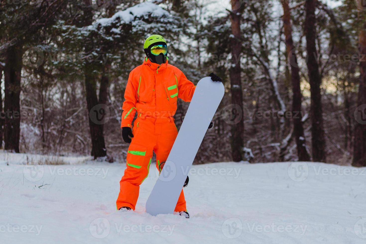 Snowboarder posing in winter forest photo