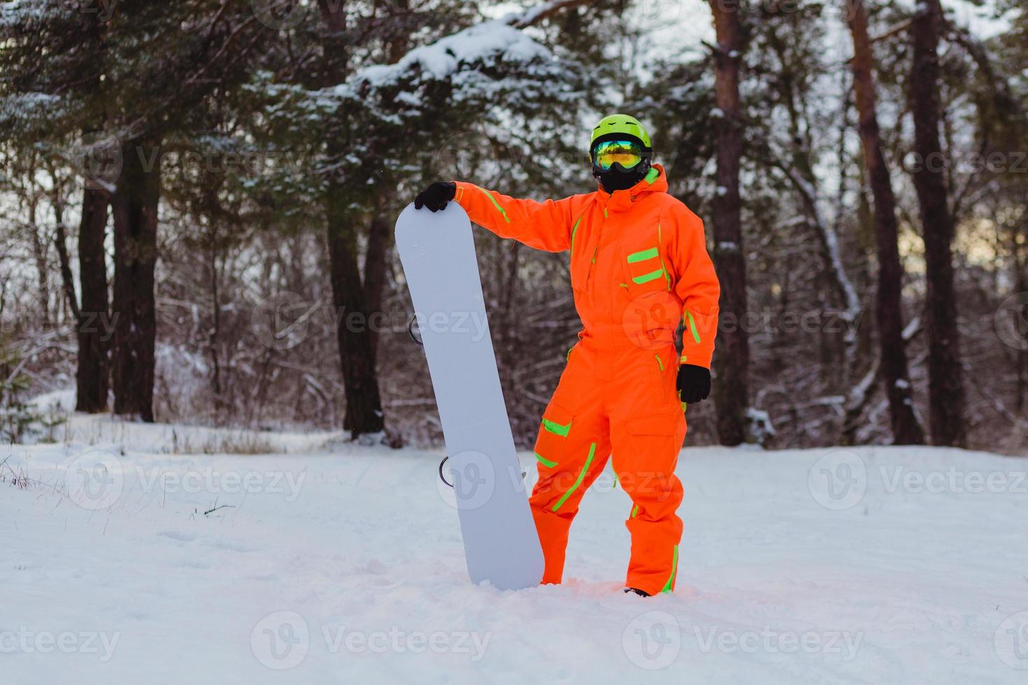 Snowboarder posing in winter forest photo