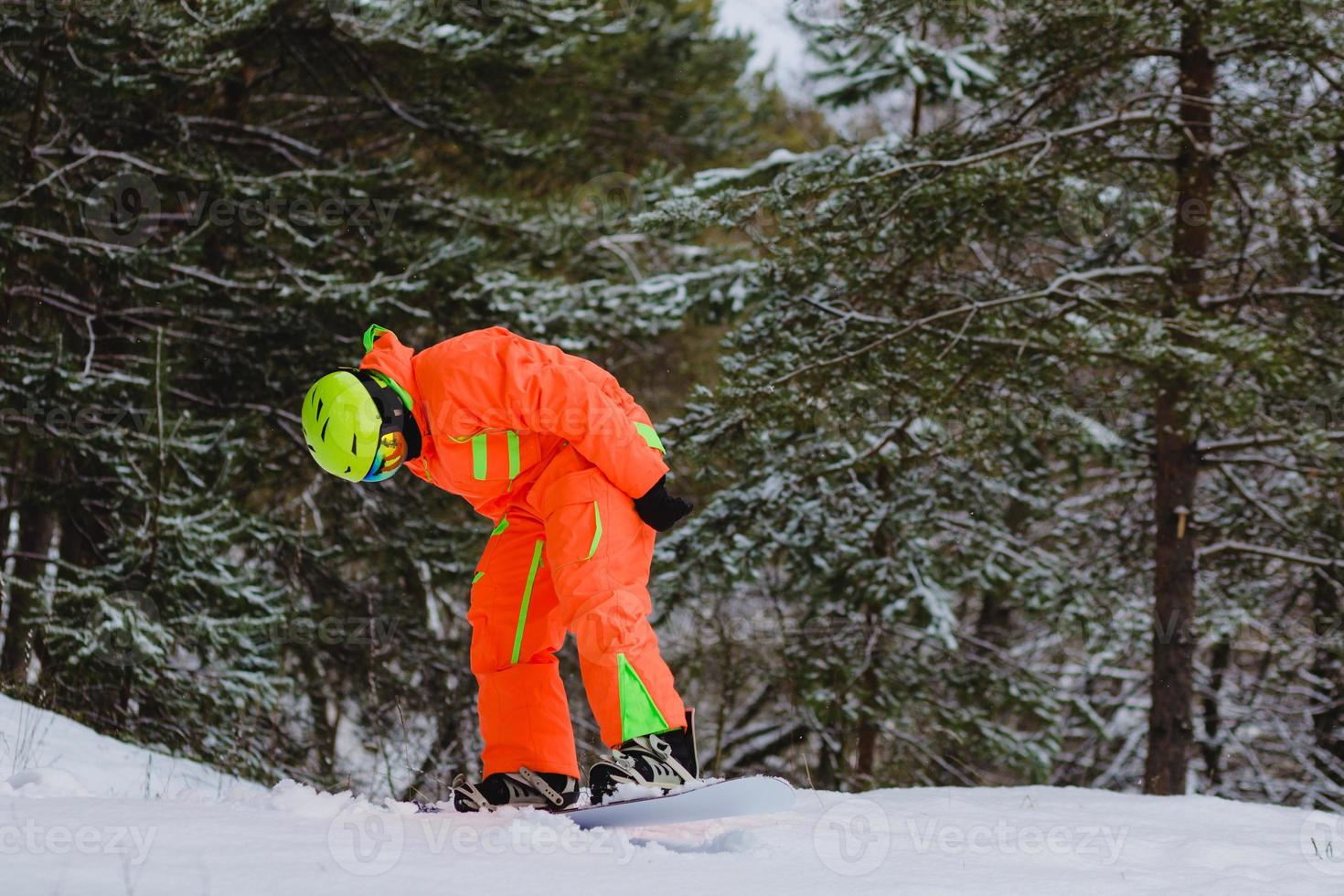 Snowboarder posando en el bosque de invierno foto