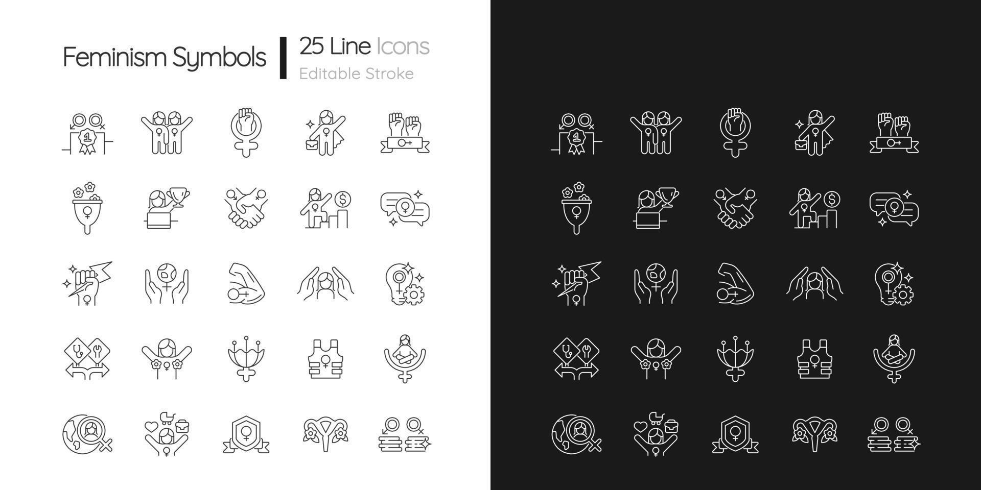 símbolos de feminismo iconos lineales establecidos para el modo oscuro y claro. apoyando la igualdad de derechos para las mujeres. poder femenino. símbolos de línea fina personalizables. ilustraciones de contorno de vector aislado. trazo editable