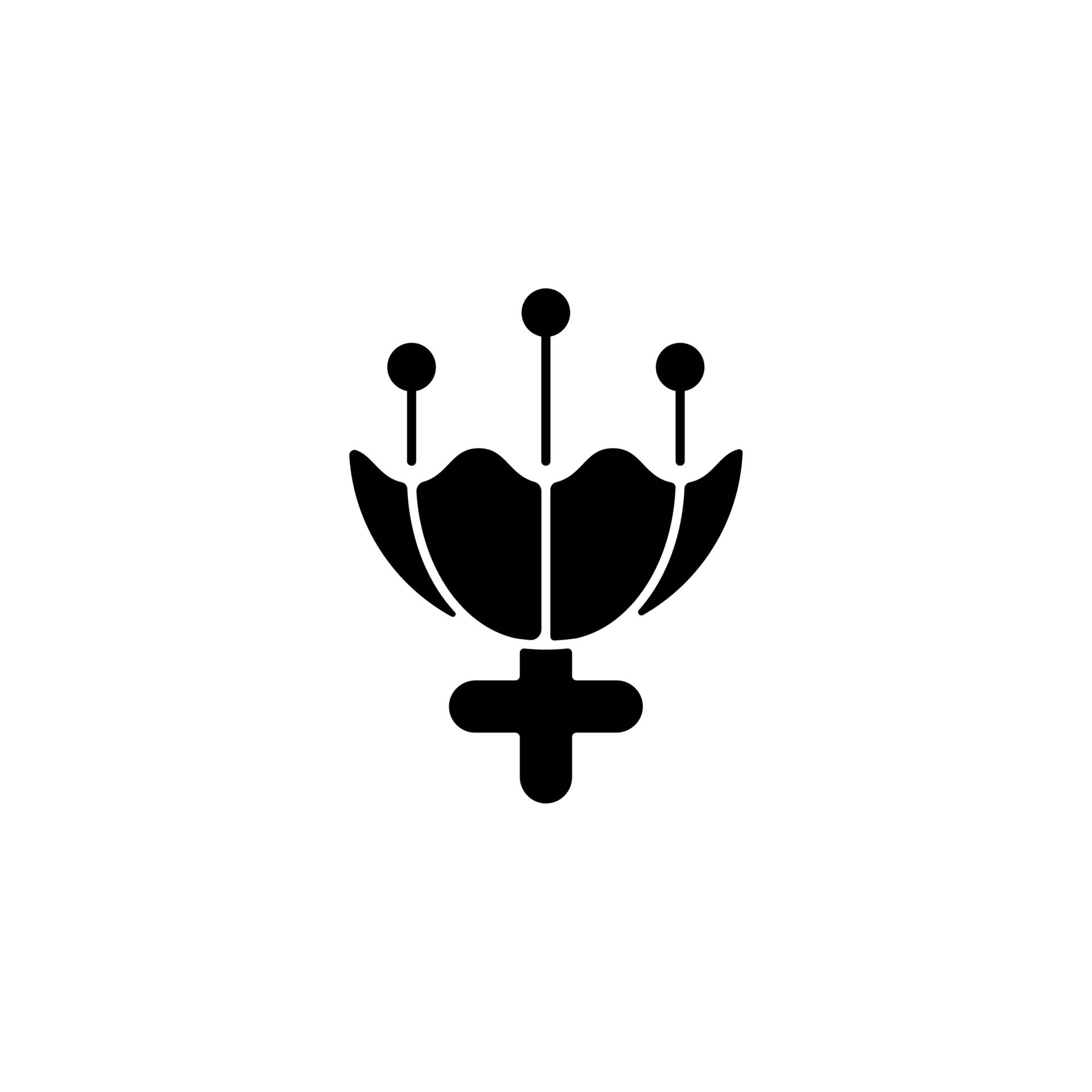 Gender symbol for female black glyph icon. Triple moon sign. Flower