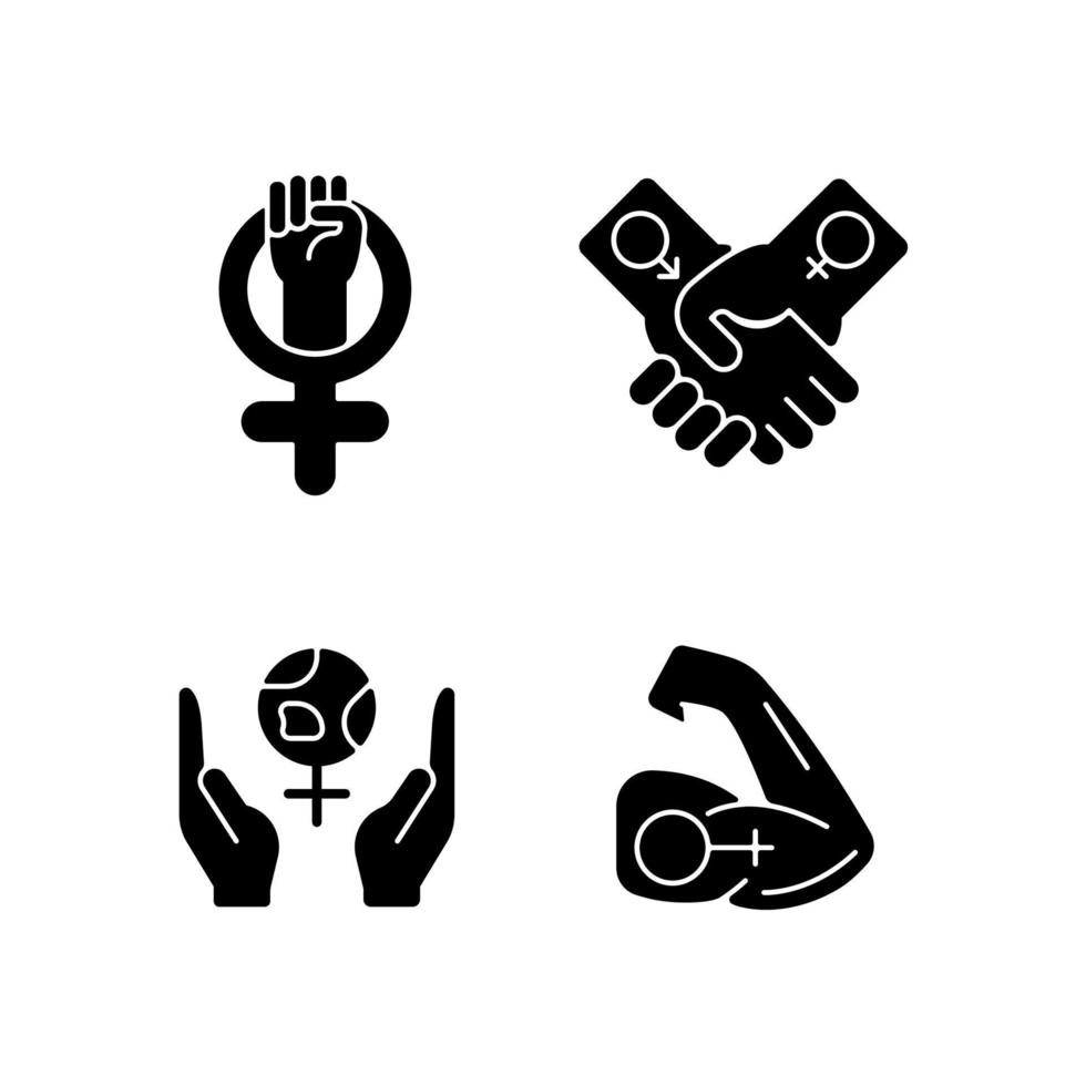 Girl power black glyph icons set on white space. Leadership in movement. Equitable relationships. Feminism support. Mentally strong women. Silhouette symbols. Vector isolated illustration