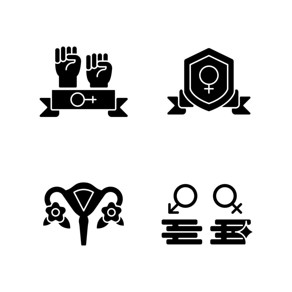 Female empowerment black glyph icons set on white space. Women community. Advancing gender equality. Feminist activist. Fight inequality in wages. Silhouette symbols. Vector isolated illustration