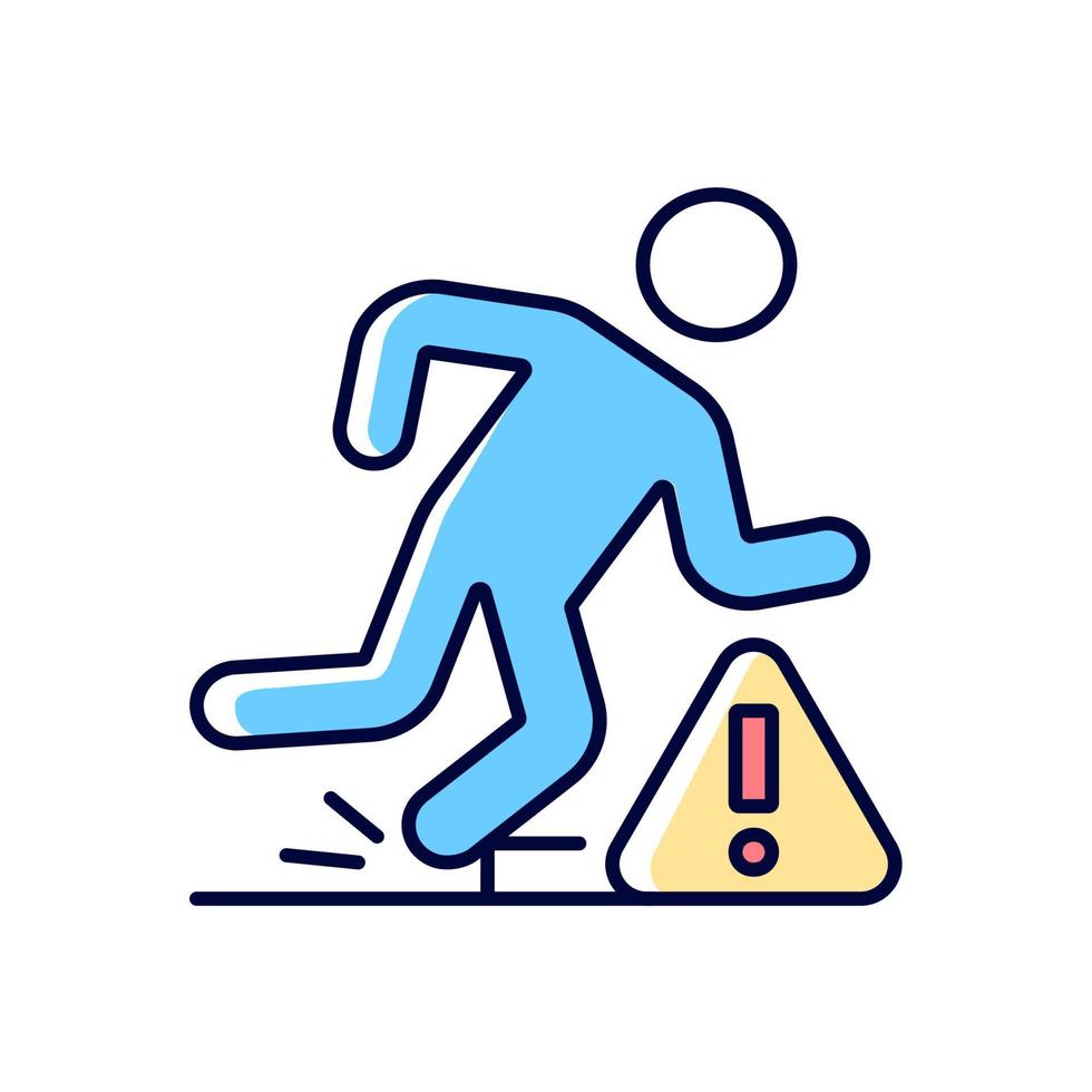 Tripping hazards RGB color manual label icon. Falling precautions. Aware of obstacles and slippery surfaces. Isolated vector illustration. Simple filled line drawing for product use instructions