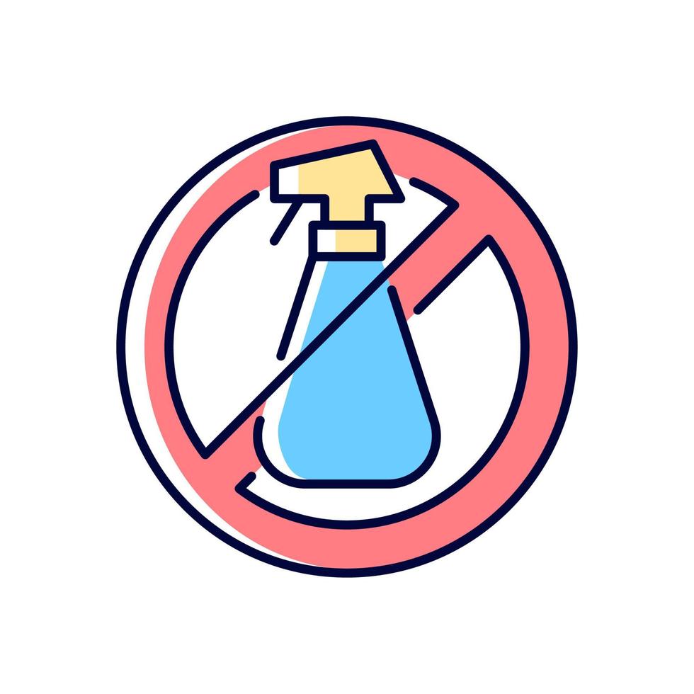 Do not use cleaning agents RGB color manual label icon. Alcohol is abrasive for lenses. Use anti-bacterial wipes. Isolated vector illustration. Simple filled line drawing for product use instructions