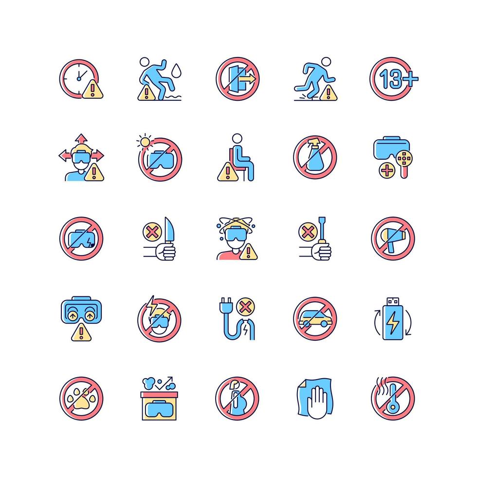 Vr headset RGB color manual label icons set. Virtual reality device usage instructions. Isolated vector illustrations. Simple filled line drawing for product use instructions collection