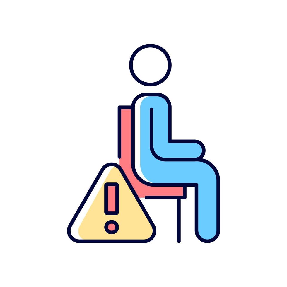 Remain seated RGB color manual label icon. Standing may lead to injuries and discomfort during experience. Isolated vector illustration. Simple filled line drawing for product use instructions