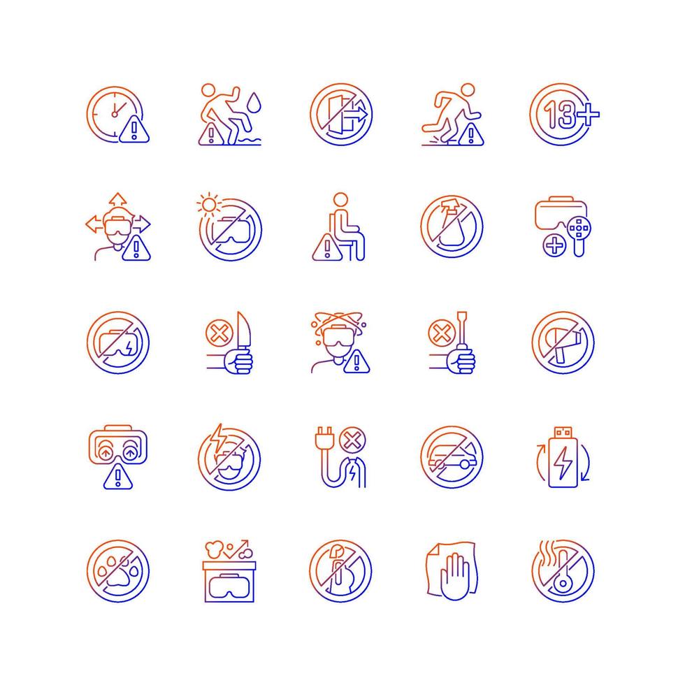 Virtual reality headset usage gradient linear vector manual label icons set. Thin line contour symbols bundle. Isolated outline illustrations collection for product use instructions