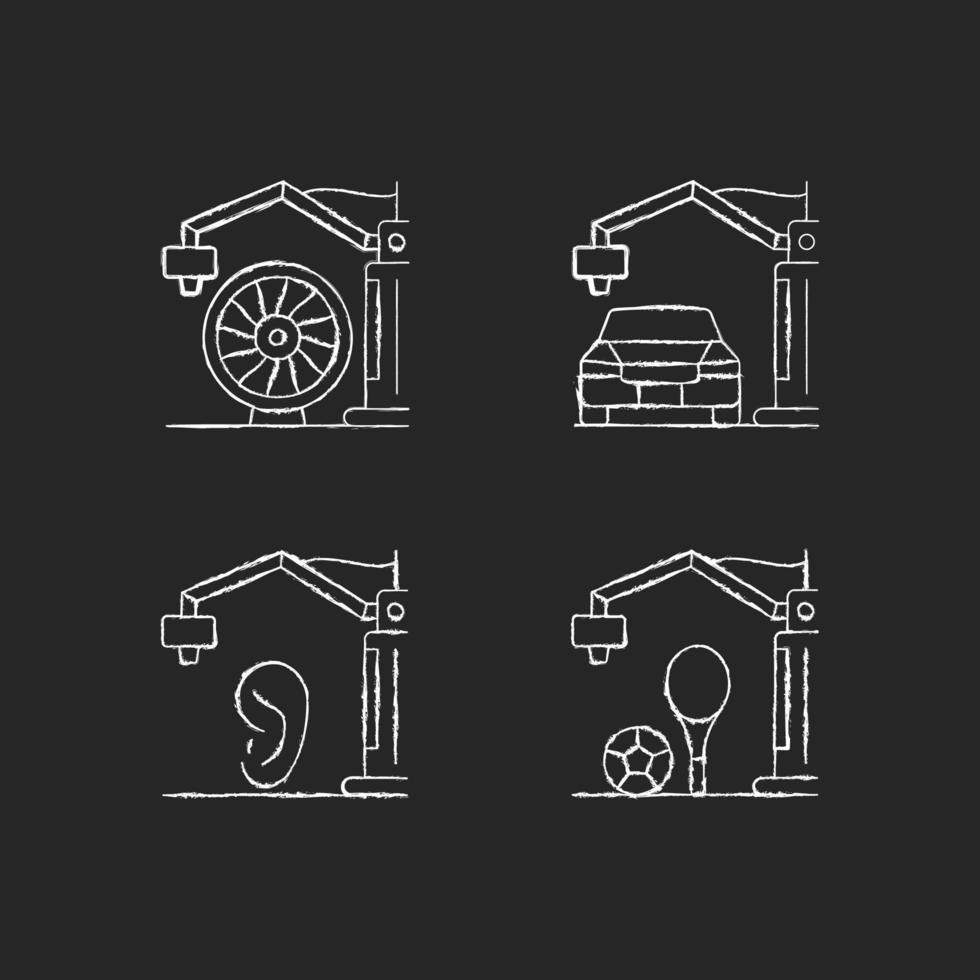 Manufacturing process chalk white icons set on dark background. 3d printed car. Aerospace industry. Artificial human ear. Functional sport equipment. Isolated vector chalkboard illustrations on black