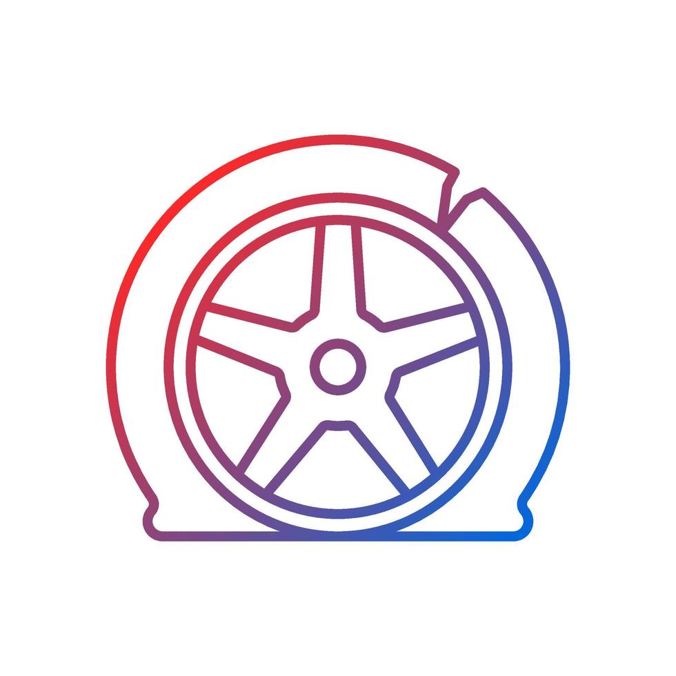 Tyre damage gradient linear vector icon. Vehicle accident. Car tire defects. Bad road conditions. Tire blowout. Thin line color symbol. Modern style pictogram. Vector isolated outline drawing