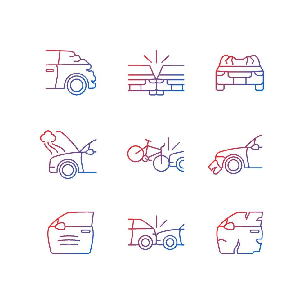 Road traffic accidents gradient linear vector icons set. Car damaged body parts. Broadside crash. Car-on-bike collision. Thin line contour symbols bundle. Isolated outline illustrations collection