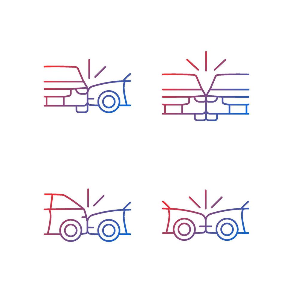 Vehicle crashes gradient linear vector icons set. T-bone collision. Sideswipe car accident. Hitting auto from behind. Thin line contour symbols bundle. Isolated outline illustrations collection