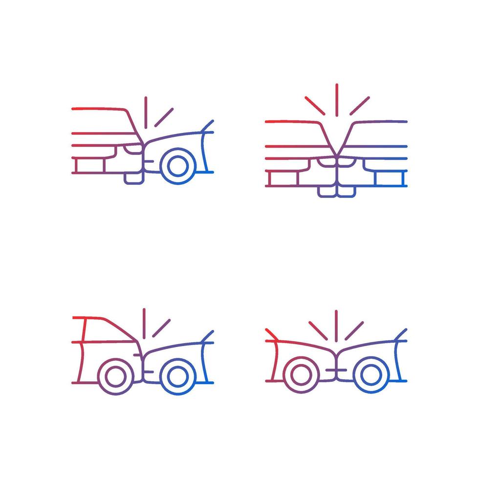 Vehicle crashes gradient linear vector icons set. T-bone collision. Sideswipe car accident. Hitting auto from behind. Thin line contour symbols bundle. Isolated outline illustrations collection