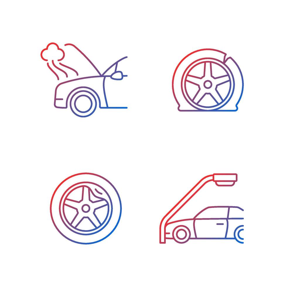 Vehicle damage in car accident cases gradient linear vector icons set. Mechanical breakdown. Automobile tire defects. Thin line contour symbols bundle. Isolated outline illustrations collection