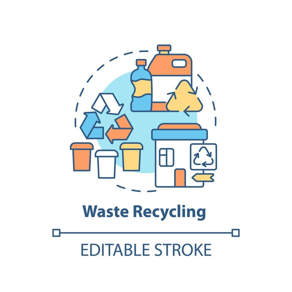 Waste recycling concept icon. Garbage management abstract idea thin line illustration. Reprocessing materials. Plastic and paper reuse. Vector isolated outline color drawing. Editable stroke