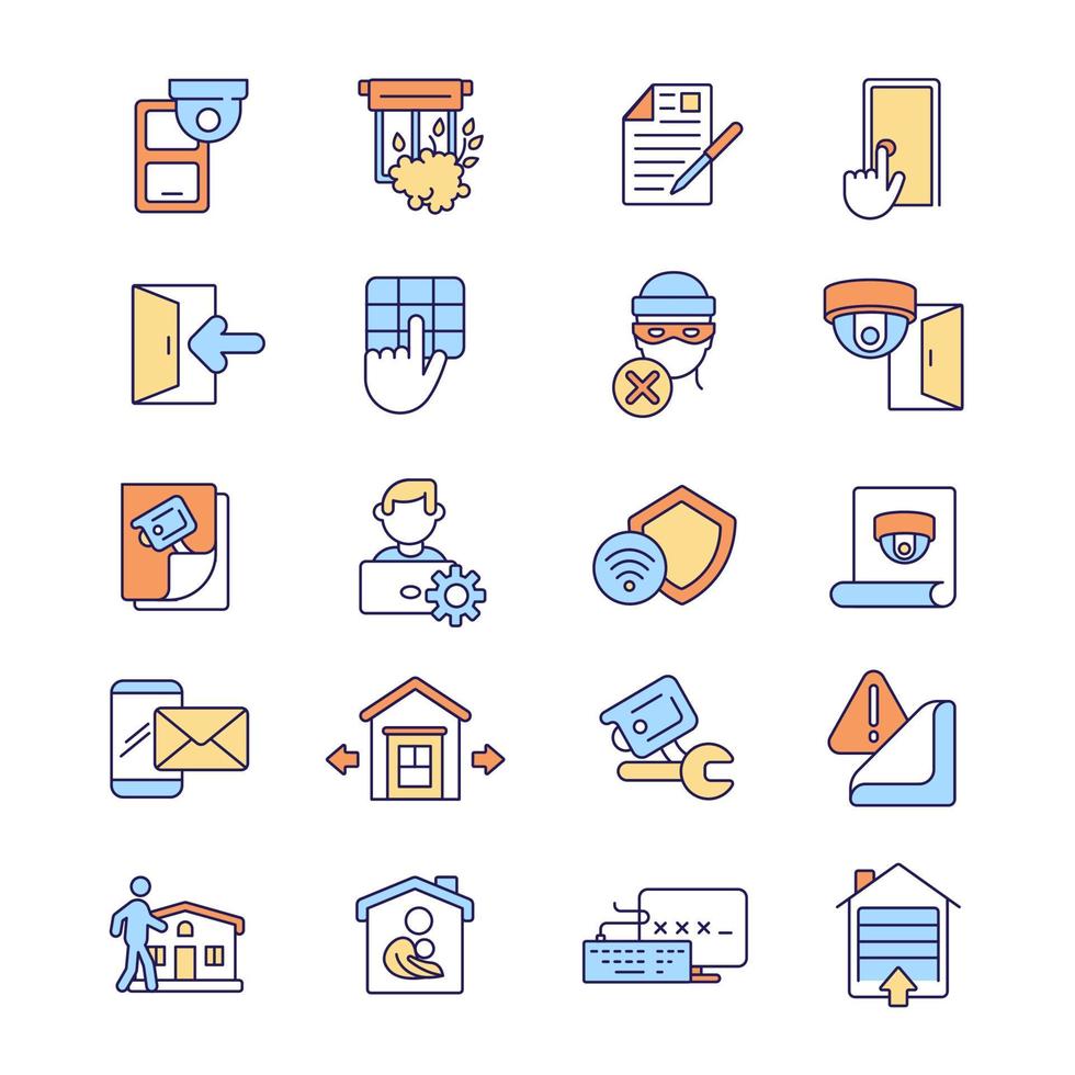 Home security RGB color icons set. Weak home areas that need camera surveillance. Camera security system. Protection measures. Isolated vector illustrations. Simple filled line drawings collection