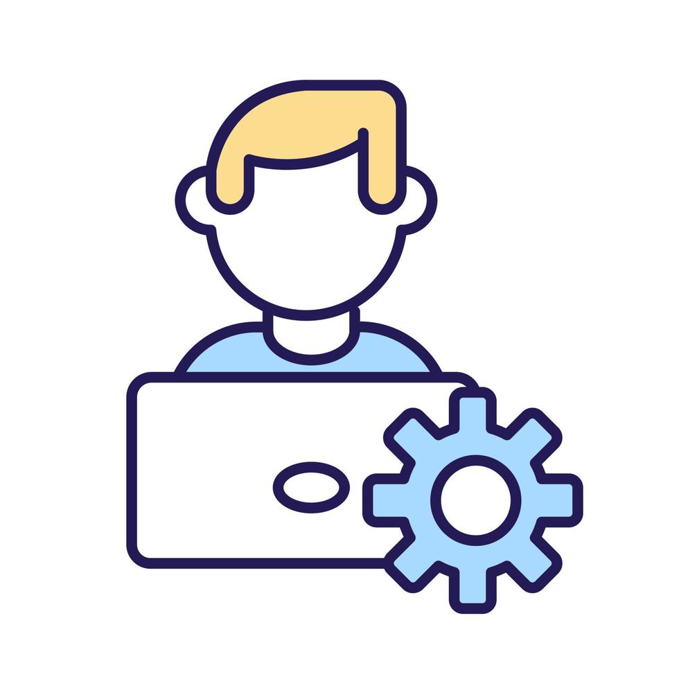 Technician RGB color icon. Man with laptop. Professional service and repair. Digital system maintenance. Cybersecurity. Engineer and repairman. Isolated vector illustration. Simple filled line drawing