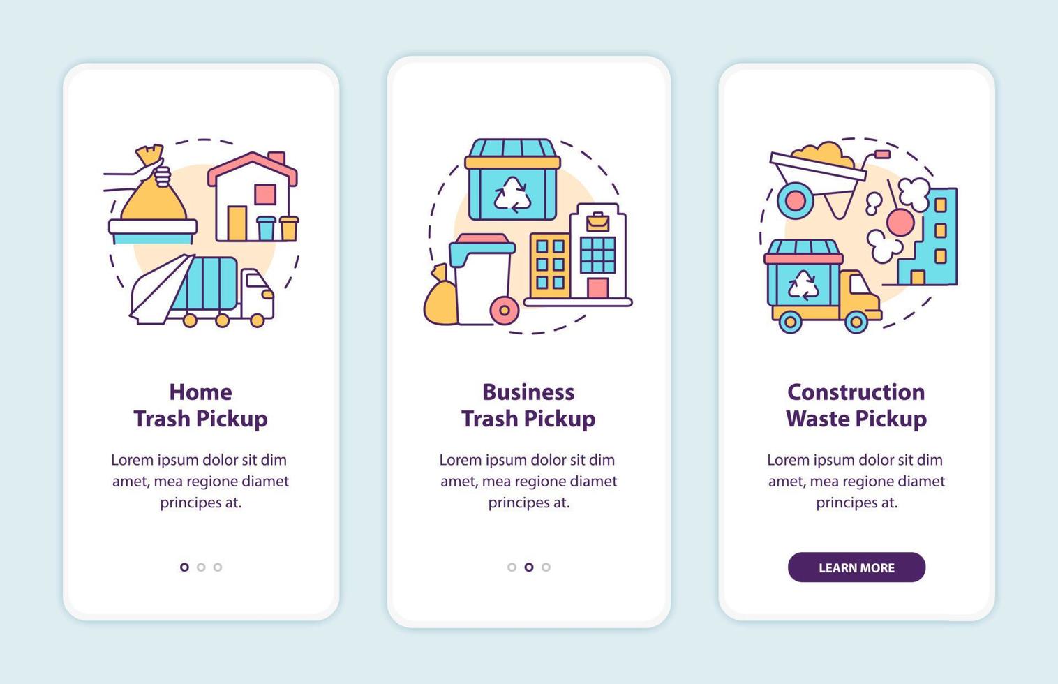Waste collection and pickup onboarding mobile app page screen. Garbage management walkthrough 3 steps graphic instructions with concepts. UI, UX, GUI vector template with linear color illustrations