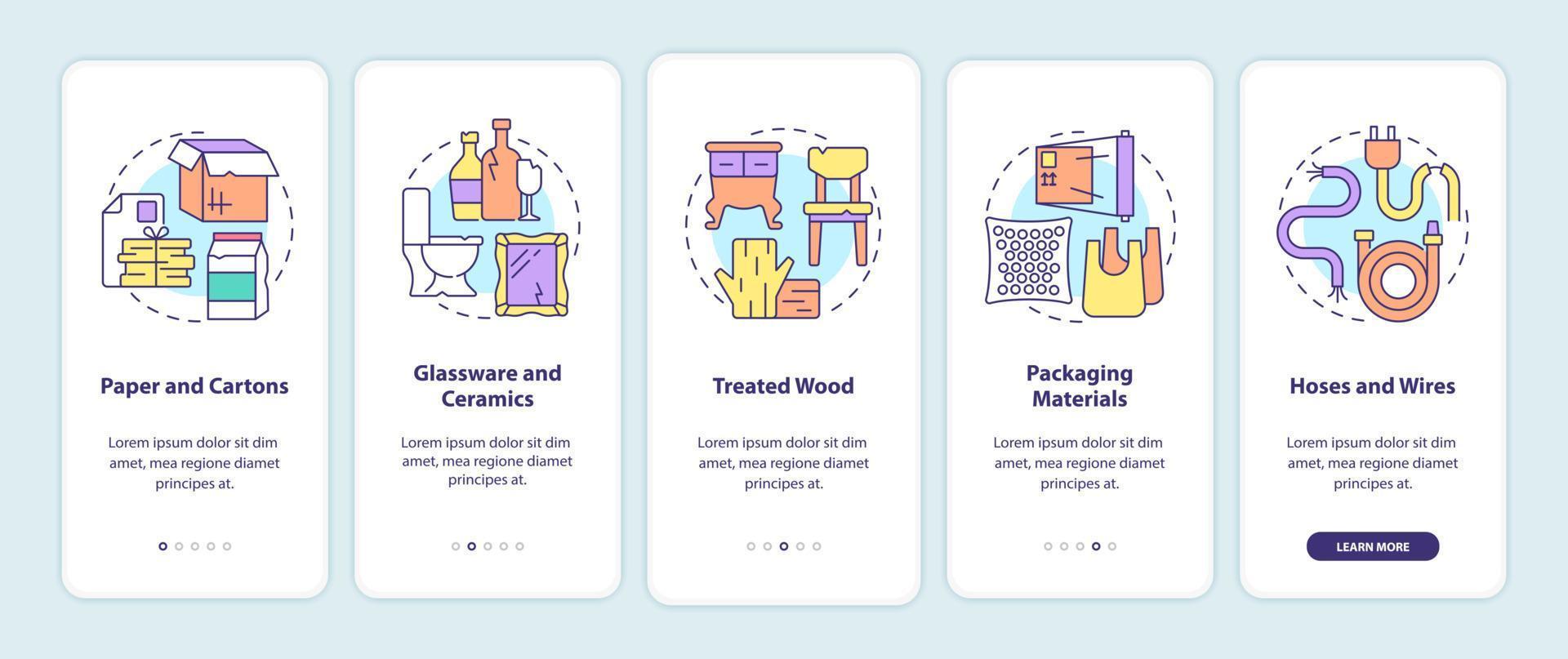 Accepted waste types onboarding mobile app page screen. Recyclable material walkthrough 5 steps graphic instructions with concepts. UI, UX, GUI vector template with linear color illustrations