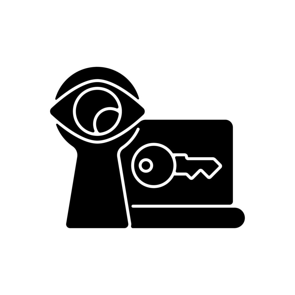 Shoulder surfing attack black glyph icon. Internet safety breach. Spying on security info. Online privacy violation. Password management. Silhouette symbol on white space. Vector isolated illustration