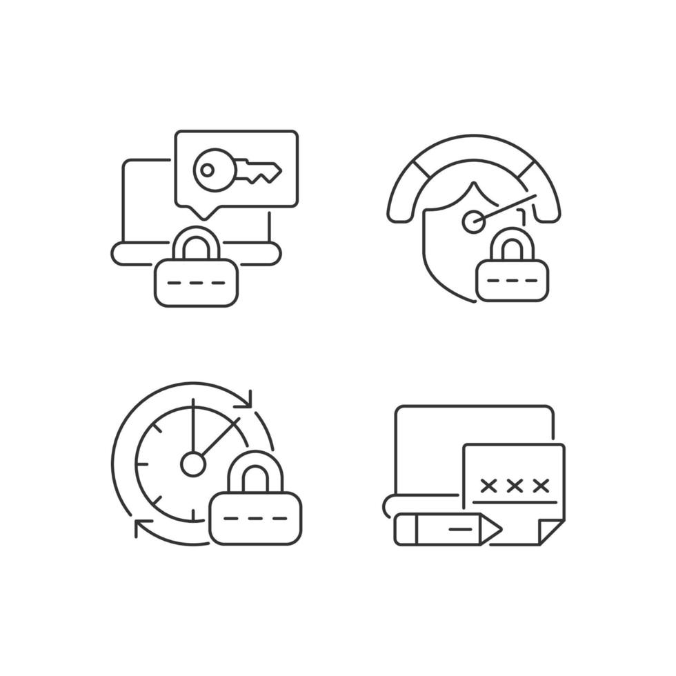 Laptop passwords linear icons set. Computer safety requirement. Secure system. Password management. Customizable thin line contour symbols. Isolated vector outline illustrations. Editable stroke