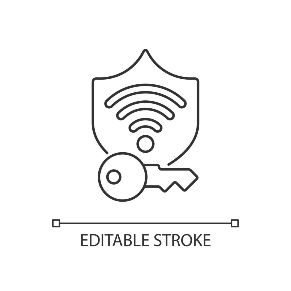 Protected wifi password linear icon. Internet safety. Private network. Secure wireless connection. Thin line customizable illustration. Contour symbol. Vector isolated outline drawing. Editable stroke