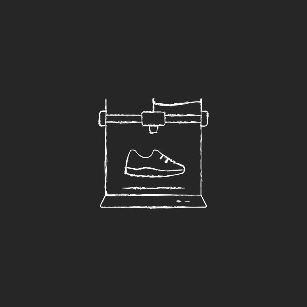 Zapatos impresos en 3d icono de tiza blanca sobre fondo oscuro. fabricar calzado ligero y cómodo. nuevo proceso de fabricación. producir zapatos para correr. Ilustración de pizarra de vector aislado en negro