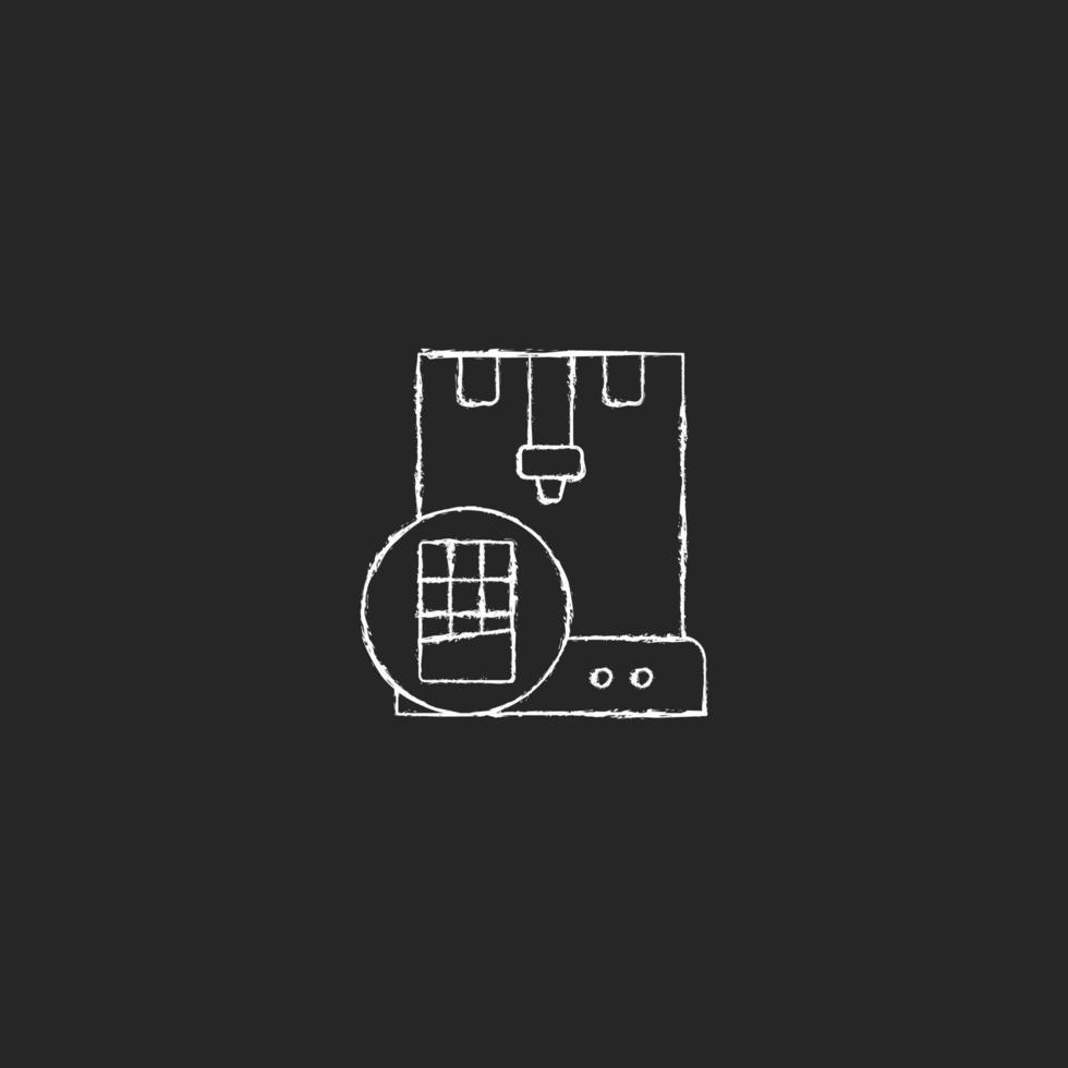 3d printed chocolate chalk white icon on dark background. Machine food fabrication. 3D printed foodstuff. Customized chocolate design creation. Isolated vector chalkboard illustration on black