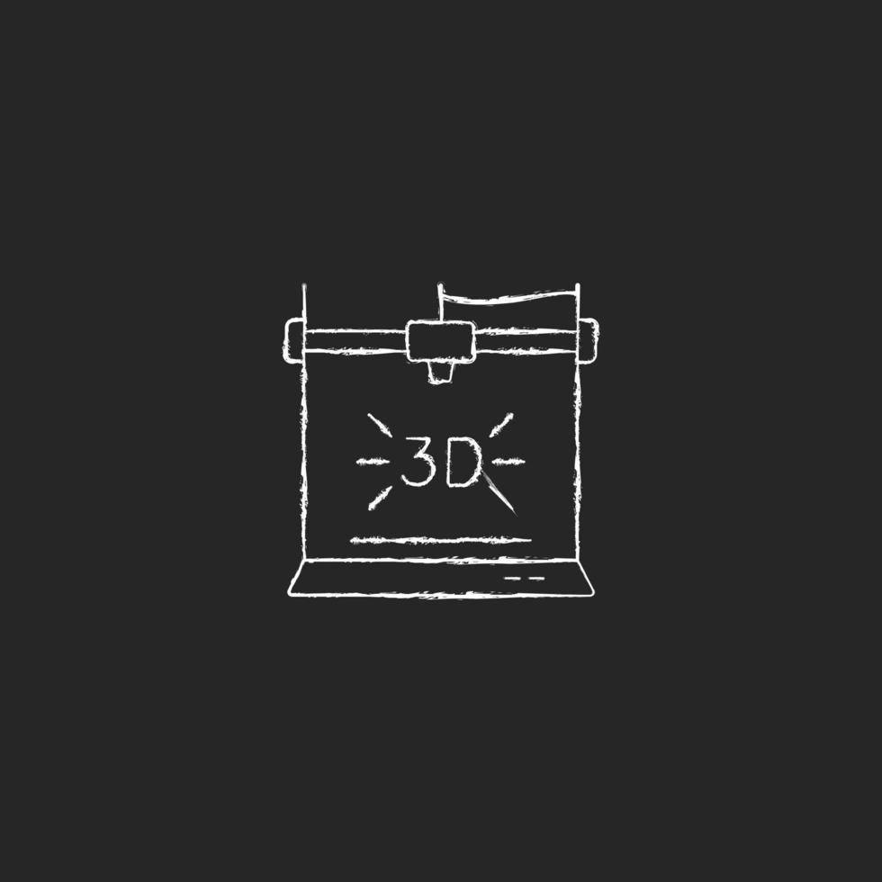 3d printer chalk white icon on dark background. Technological advancement. Bioprinting. Three dimensional object fabrication. Additive manufacturing. Isolated vector chalkboard illustration on black