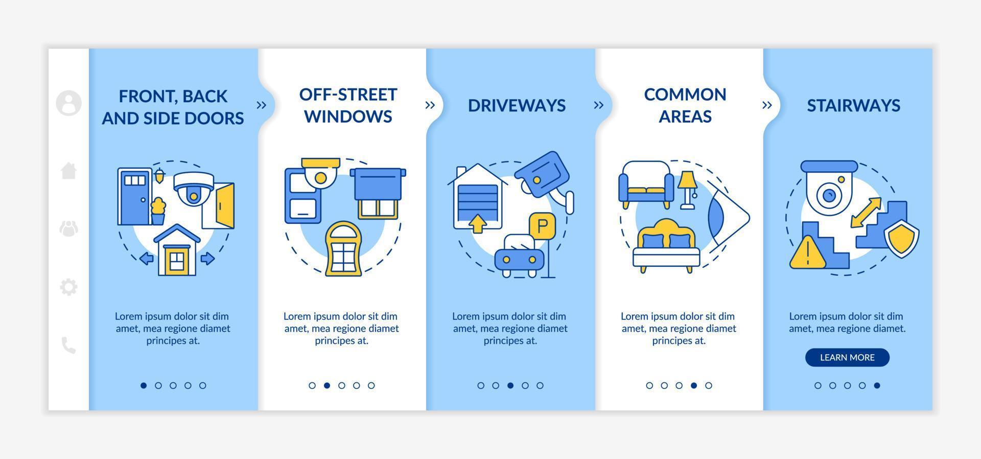 Camera surveillance system onboarding vector template. Responsive mobile website with icons. Web page walkthrough 5 step screens. Camera installing color concept with linear illustrations