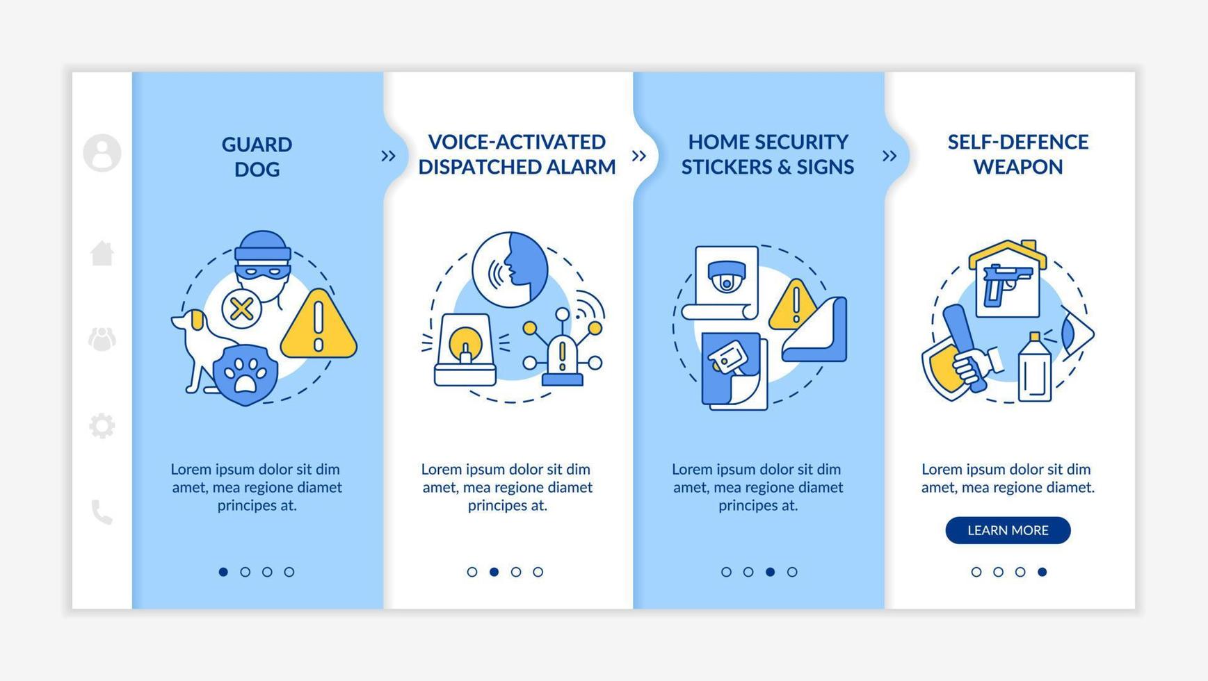 Robbery prevention measures onboarding vector template. Responsive mobile website with icons. Web page walkthrough 4 step screens. Self defense color concept with linear illustrations